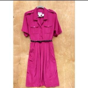 Vintage Leslie Faye pink collared shirt sleeve button up midi dress 8